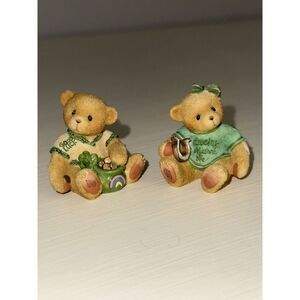 1998 Enesco Irish Lucky Charm Teddy Bear Figurine‎ Shamrock Good Luck Set Of 2